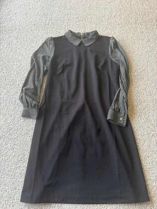 Tommy Hilfiger Black A Line Dress 10 Polka Dot Sheer Sleeve Office Chic - Picture 2 of 9